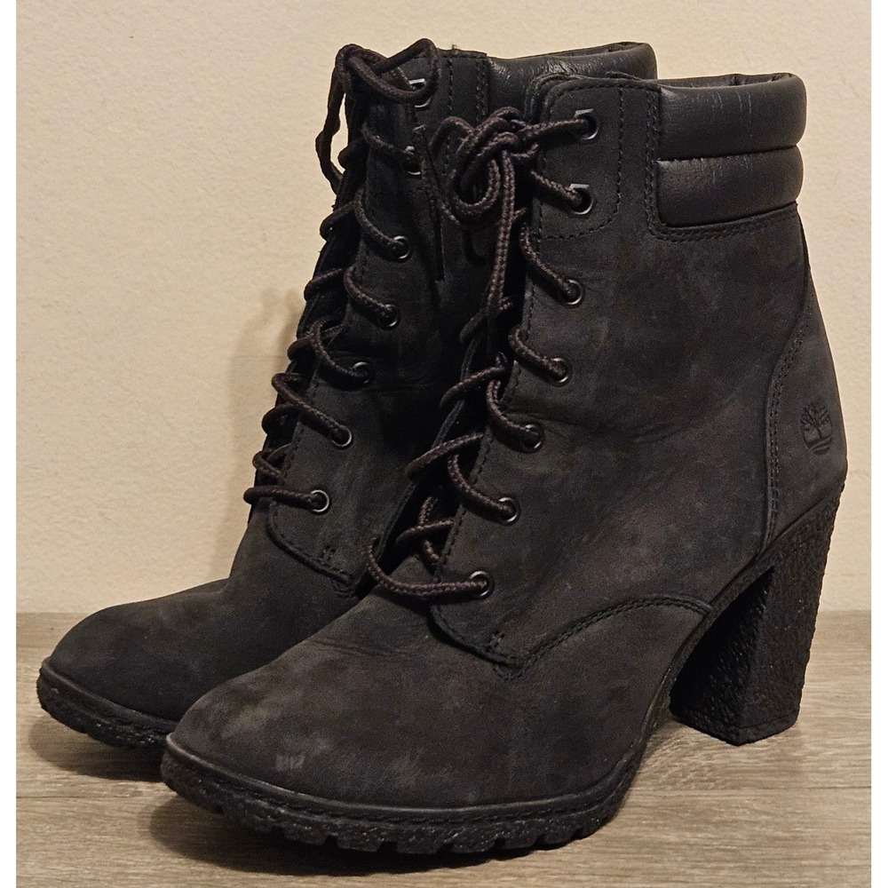 Timberland Glancy 6 Inch Black Nubuck Leather Lace Up Heel Boots A1H1I Womens 6